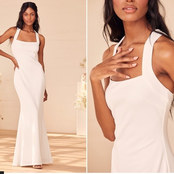 LULUS Bridal Wedding Chic Minimalist Sexy Mermaid Trumpet Criss Cross Back Gown - Picture 1 of 5